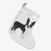 Black and White Boston Terrier Cartoon Dog & Name Grote Kerstsok (Voorkant (Hangend))