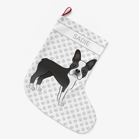 Black and White Boston Terrier Cartoon Dog & Name Grote Kerstsok (Voorkant (Hangend))