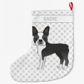 Black and White Boston Terrier Cartoon Dog & Name Grote Kerstsok (Achterkant)