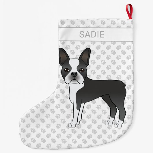 Black and White Boston Terrier Cartoon Dog & Name Grote Kerstsok (Achterkant)