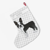 Black and White Boston Terrier Cartoon Dog & Name Grote Kerstsok (Achterkant (Hangend))