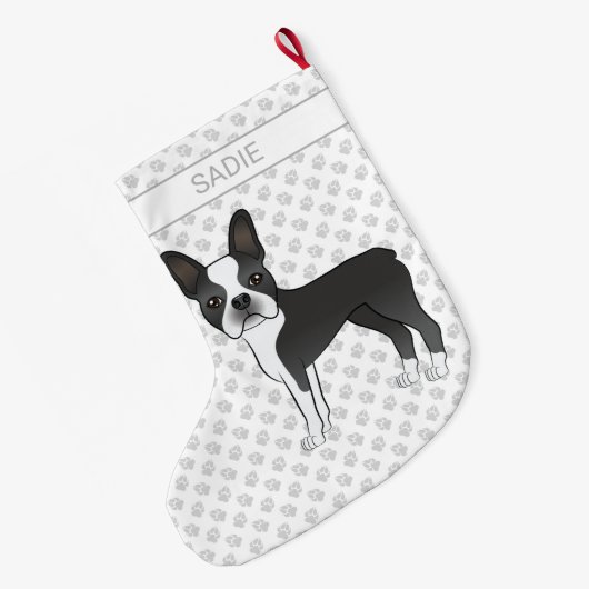 Black and White Boston Terrier Cartoon Dog & Name Grote Kerstsok (Achterkant (Hangend))