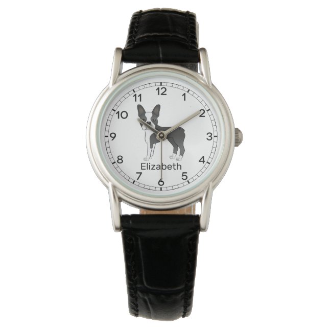 Black and White Boston Terrier Cartoon Dog & Name Horloge (Voorkant)
