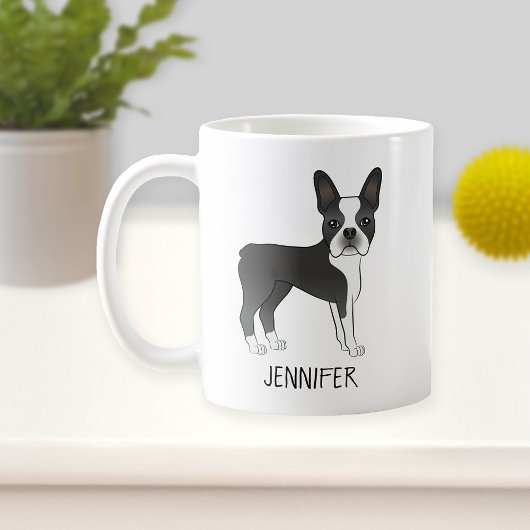 Black and White Boston Terrier Cartoon Dog & Name Koffiemok
