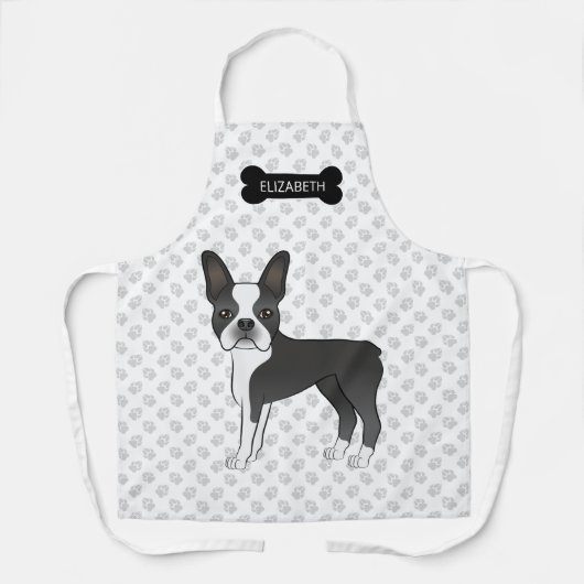 Black and White Boston Terrier Cartoon Dog & Name Schort (Voorkant)