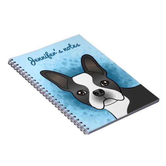 Black and White Boston Terrier Cartoon Dog op Blue Notitieboek (Rechterzijde)