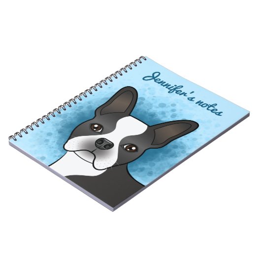 Black and White Boston Terrier Cartoon Dog op Blue Notitieboek (Linkerzijde)