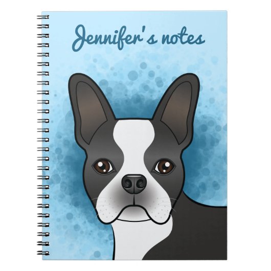 Black and White Boston Terrier Cartoon Dog op Blue Notitieboek (Voorkant)