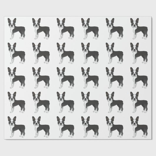 Black and White Boston Terrier Cartoon Dog Pattern Cadeaupapier (Vlak)