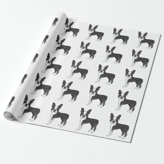 Black and White Boston Terrier Cartoon Dog Pattern Cadeaupapier (Uitgerold)
