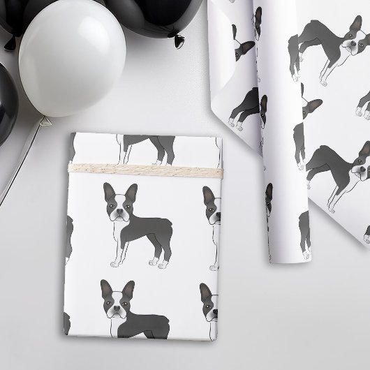 Black and White Boston Terrier Cartoon Dog Pattern Cadeaupapier
