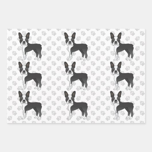 Black and White Boston Terrier Cartoon Dog Pattern Inpakpapier Vel (Voorkant 2)