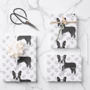 Black and White Boston Terrier Cartoon Dog Pattern Inpakpapier Vel