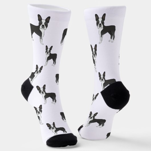 Black and White Boston Terrier Cartoon Dog Pattern Sokken (Gebogen)