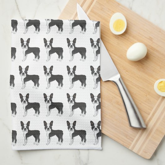 Black and White Boston Terrier Cartoon Dog Pattern Theedoek (Quarter Fold)