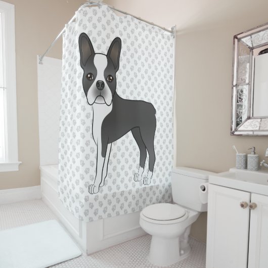 Black and White Boston Terrier Cartoon Dog & Paws Douchegordijn (In situ)