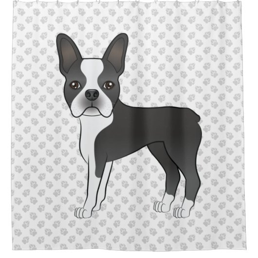 Black and White Boston Terrier Cartoon Dog & Paws Douchegordijn (Voorkant)