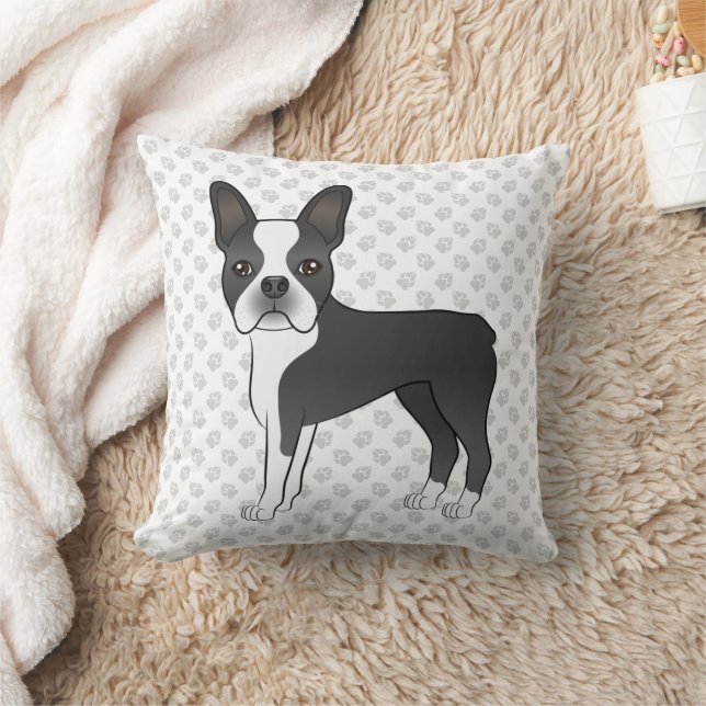 Black and White Boston Terrier Cartoon Dog & Paws Kussen (Deken)