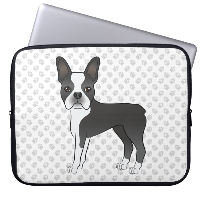 Black and White Boston Terrier Cartoon Dog & Paws Laptop Sleeve (Voorkant)