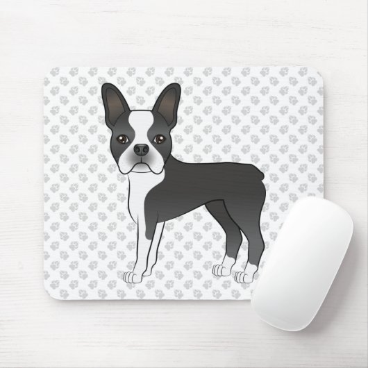 Black and White Boston Terrier Cartoon Dog & Paws Muismat (Met muis)