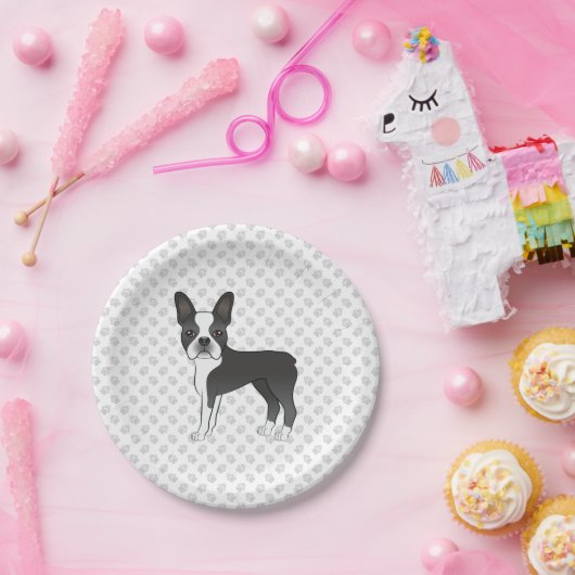 Black and White Boston Terrier Cartoon Dog & Paws Papieren Bordje (Feest)