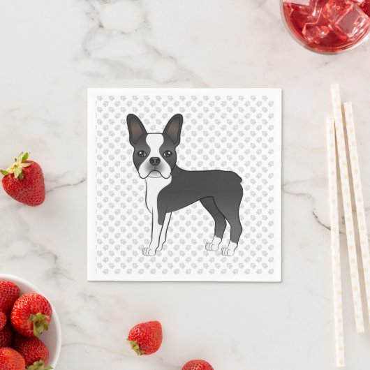 Black and White Boston Terrier Cartoon Dog & Paws Servet (Insitu)