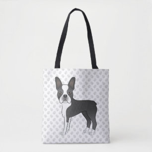 Black and White Boston Terrier Cartoon Dog & Paws Tote Bag