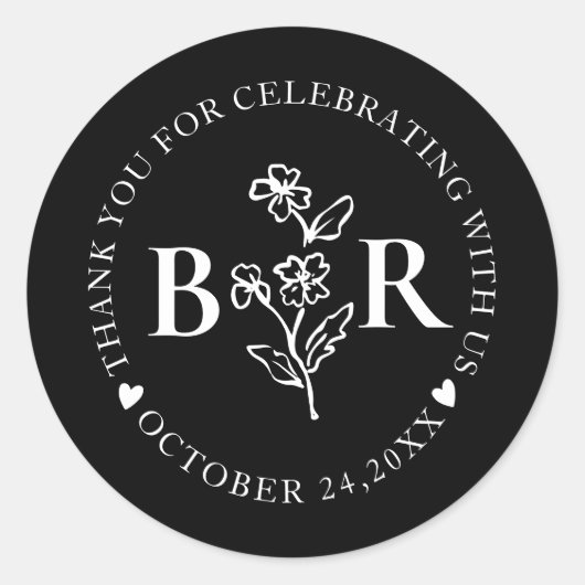 black and white Botanical Custom Monogram Ronde Sticker (Voorkant)