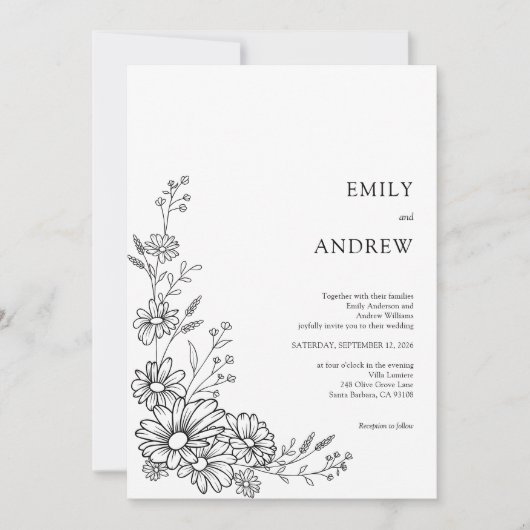 Black and White Botanical Daisy Garden Wedding Kaart (Voorkant)