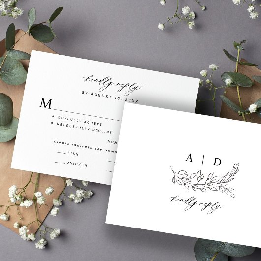Black and white botanical monogram wedding  RSVP kaartje