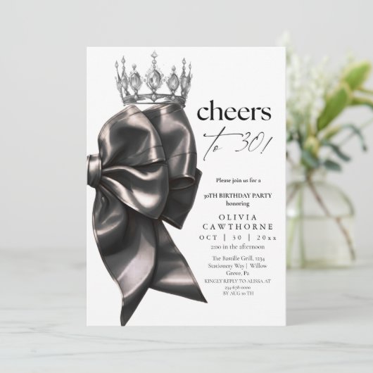 Black and White Bow 30th Birthday Party Kaart (Staand voorkant)