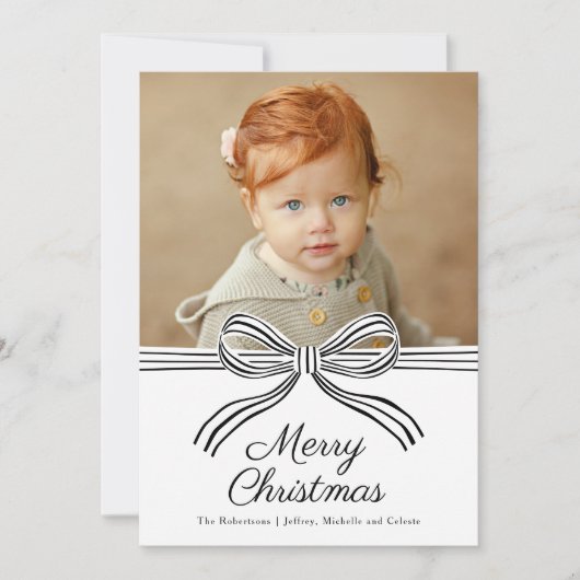 Black and White Bow Flat Christmas Photo Card Feestdagenkaart (Voorkant)