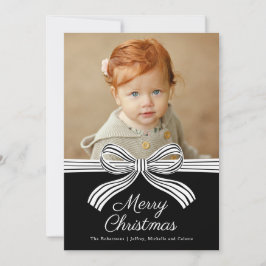 Black and White Bow Flat Christmas Photo Card Feestdagenkaart