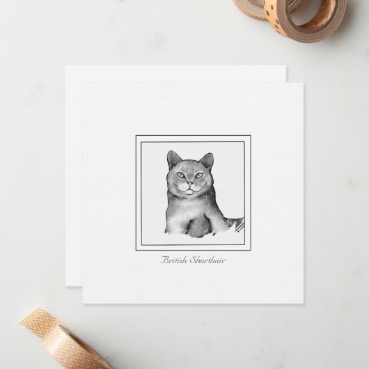 Black and White British Shorthair Cat Drawing Notitiekaartje (Voorkant / Achterkant in situ)