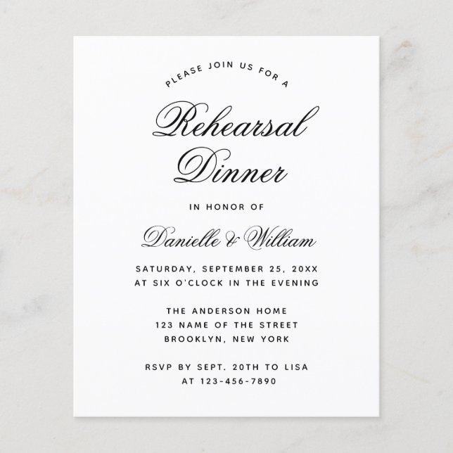 Black and White Budget Rehearal Dinner Invitation (Voorkant)