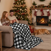 Black and White Buffalo Plaid Christmas Check Fleece Deken