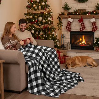 Black and White Buffalo Plaid Christmas Check Fleece Deken
