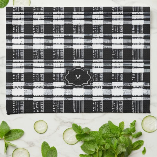Black and white buffalo plaid monogrammed theedoek (Gevouwen)