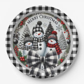 Black And White Buffalo Plaid Snowmen Paper Plate Papieren Bordje (Voorkant)