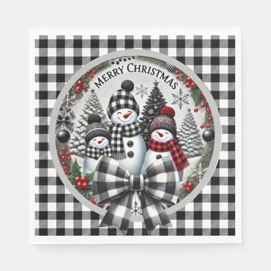 Black And White Buffalo Plaid Snowmen Paper Plate Servet (Voorkant)
