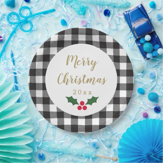 Black and White Buffalo Pset Holly Kerstmis Papieren Bordje (Feest)