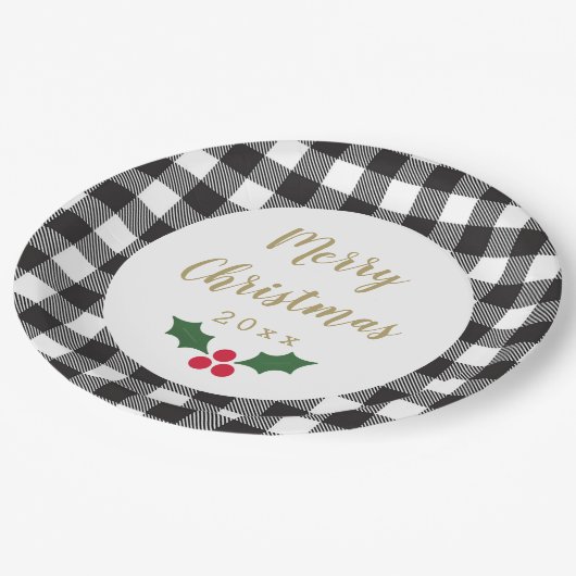 Black and White Buffalo Pset Holly Kerstmis Papieren Bordje (Gekanteld)