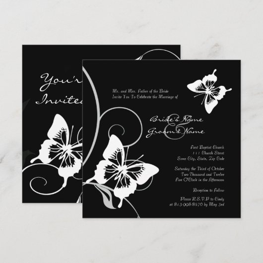 Black and White Butterfly Wedding Invitation Kaart (Voorkant / Achterkant)