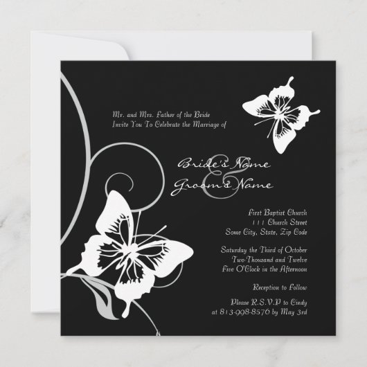 Black and White Butterfly Wedding Invitation Kaart (Voorkant)