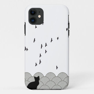 Black and white cat and birds iPhone case