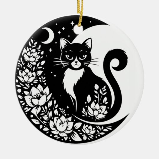 Black and White Cat Moon Window Suncatcher Keramisch Ornament (Voorkant)