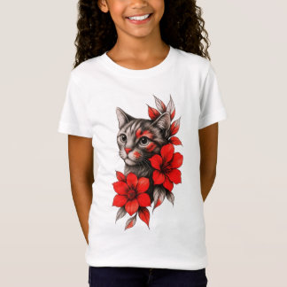 Black and White Cat with Bright Red Blooms Toddler T-shirt