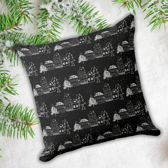 Black and White Chalk Snowy Town Kussen (Creator heeft geüpload)