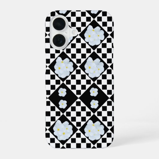 Black and White Checked Pansy Pattern iPhone 16 Hoesje (Achterkant)