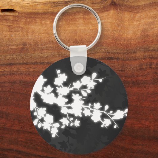Black and White Cherry Blossom Sleutelhanger (Voorkant)